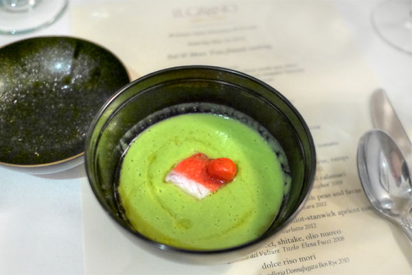 pea soup, kinmedai, marinated Japanese heirloom tomato