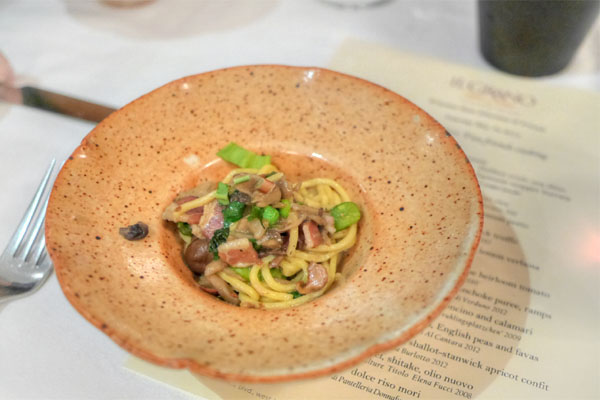 spaghetti funghi, morels, pancetta, English peas and favas