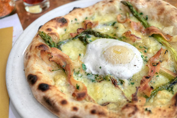 Roasted asparagus, fontina, guanciale, egg and parsley