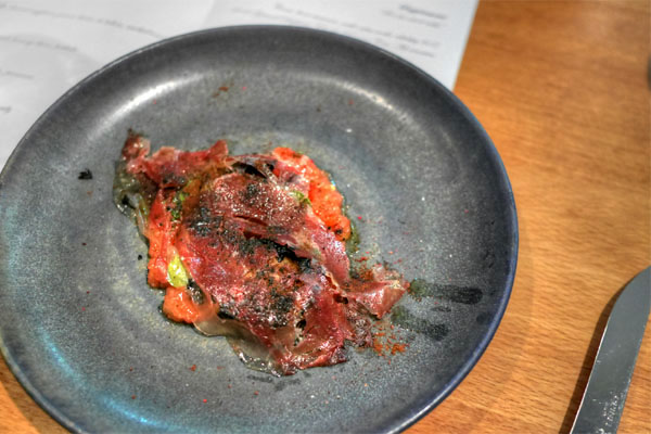 Tomato pulp, charred eggplant, jamón ibérico de bellota, smoked tomato