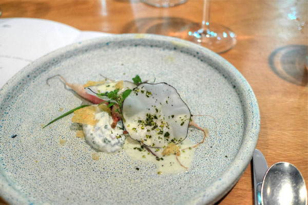 Radish, burnt bread, fromage blanc, furikake