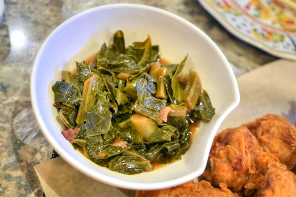 dashi braised collard greens with bacon