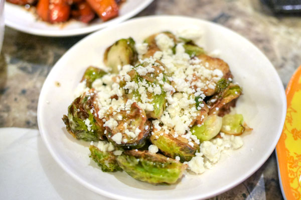 fried brussels sprouts with goat cheese and karashi mustard