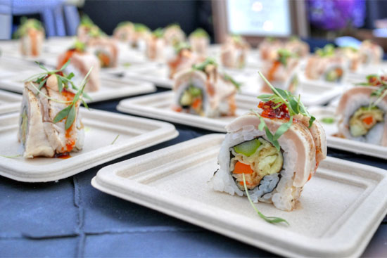 Aburi Albacore Roll with Sushi Rice, Tempura Asparagus/Sweet Potato/Carrot, topped with Seared Albacore & Chili Oil