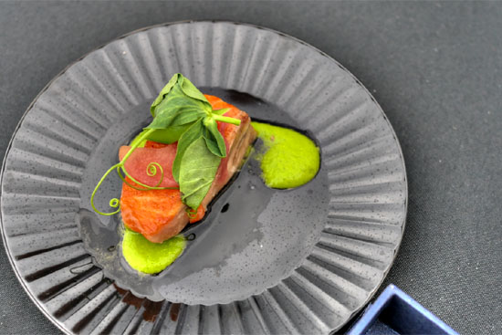 Arctic Char with Peas and Pickled Rhubarb