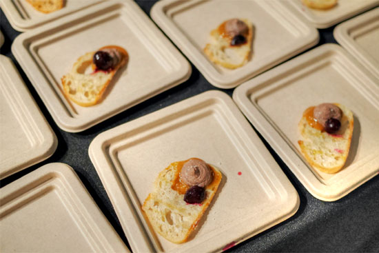 Chicken Liver Mousse with Shaved Baguette, Pickled Blueberry and Hazelnut Praline