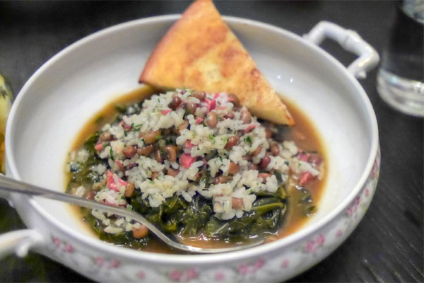 hoppin' john, braised collards, sea island red peas, carolina gold rice, ham hock, pepper vinegar, corn bread