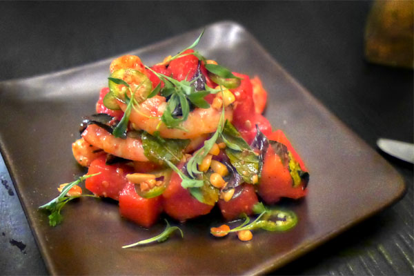 shrimp & watermelon salad, chili vinaigrette, peanuts, summer herbs