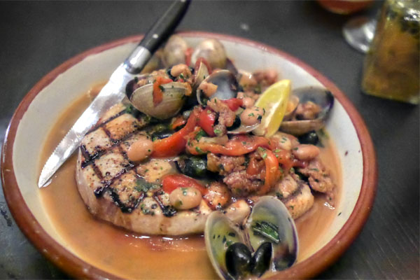 grilled swordfish, red pepper, clams, olive, caper, basil, spicy sausage