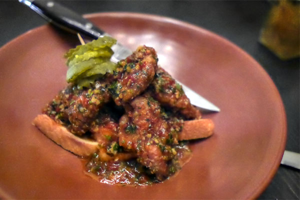 nashville hot chicken livers, pickles, white bread