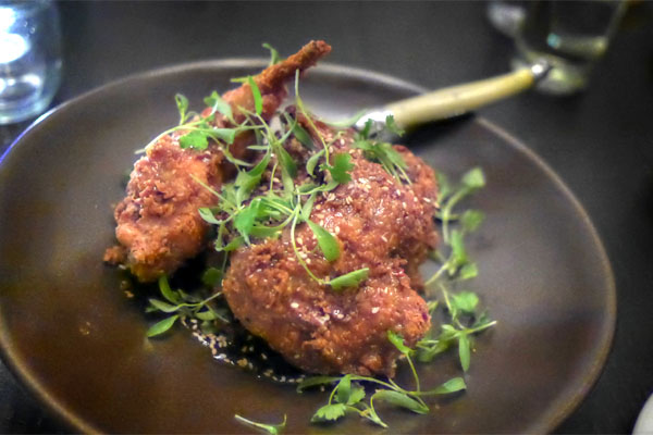 chicken fried rabbit, spiced local honey, cilantro, benne seed