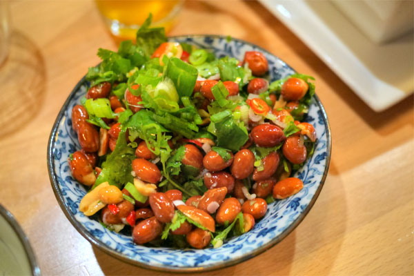 Spicy peanuts, chilis, cilantro, scallions, vinegar