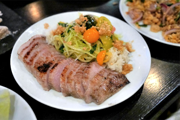 Kurobuta Pork Jowl Grilled Over Binchotan, Green Papaya Salad, Baby Heirlooms, Peanut Crunch, Sticky Rice