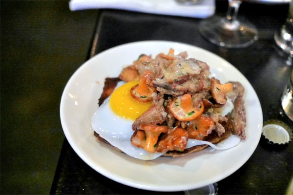 Saskatchewan Chanterelles, Duck Confit, Creme Fraiche, Duck Egg, Shallot, Garlic, Thyme, Chive, Grilled Bread