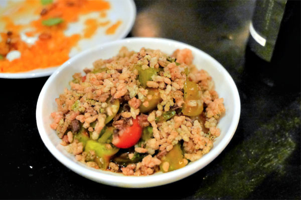 Heirloom Tomato Poke, Spicy Sesame Oil, Fancy Soy, Burnt Onion, Nori Rice Crunch