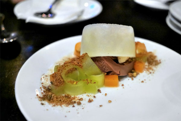 Honeydew 'condensed milk', Pistachio Cookie Crumble, Milk Chocolate