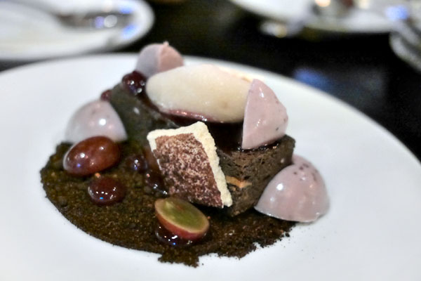 Chocolate Cheese Cheesecake, Concord Grape, Ancho Chili & Cocoa Soil, Verjus