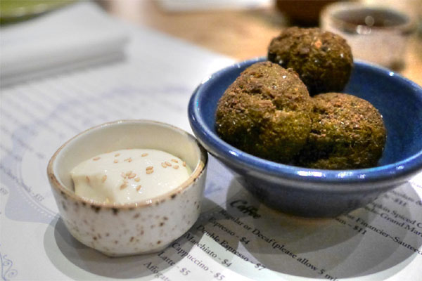 English Pea Falafel with Truffled Tahini Sauce