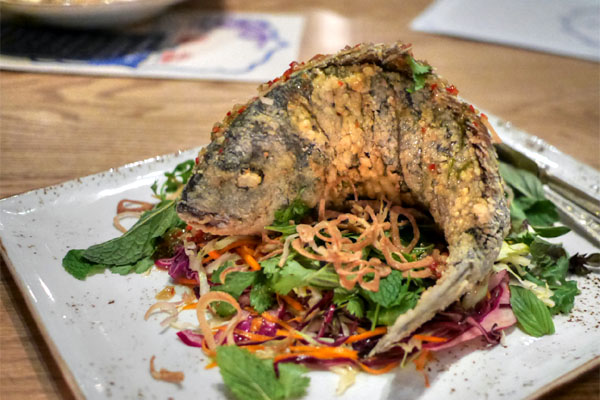 Whole Fried Market Fish~'Nuoc Cham'~Cabbage & Carrot Salad~Thai Basil~Crispy Shallots