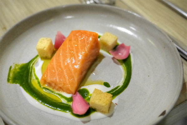 Lightly smoked salmon with watercress-yogurt emulsion, pickled cippolini and brioche