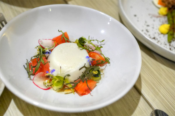 Tomato with raw milk panna cotta, summer vegetables and tomato dashi