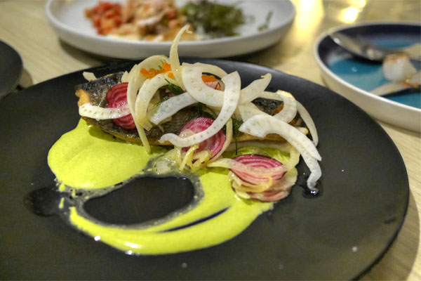 Idaho trout and its roe with green goddess, purslane, beets and fennel