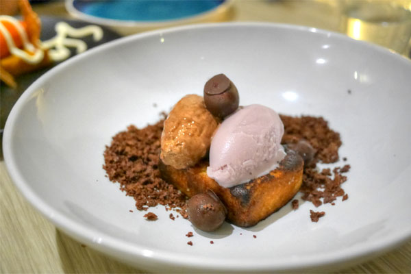 Peanut butter ganache, roasted grape ice cream, griddled pound cake and chocolate feuilletine