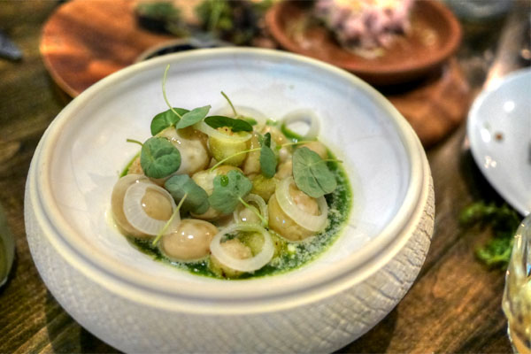 Young potatoes, gently poached in a cream of cultured sweet butter and yeast, crisp rice dumplings, wild grasses, flowers, and succulents foraged from the Malibu coast, an aromatic sauce of raw wheatgrass and chive juice