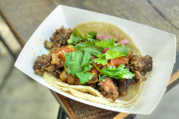 Wild boar picadillo with celery root, pine nuts, arbol chile, pickled onion, cilantro