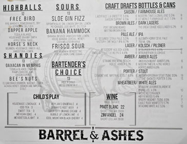 Barrel & Ashes Drink List