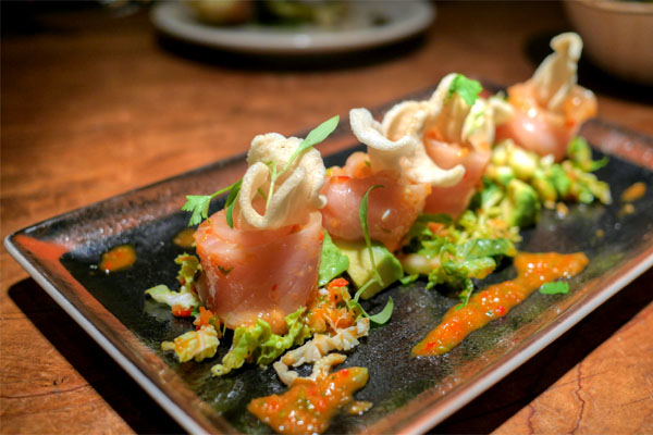 Hamachi, napa cabbage, nam chim, avocados, shrimp chips, cilantro