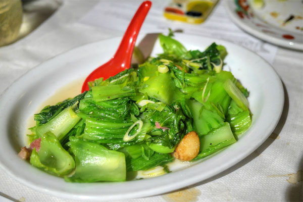 CHINESE MUSTARD GREENS, PANCETTA w/ CUTE LIL' FRIED GARLIC