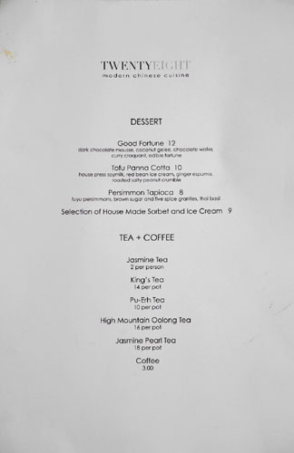 Twenty Eight Dessert Menu