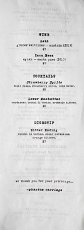 Phantom Carriage Wine/Cocktail List