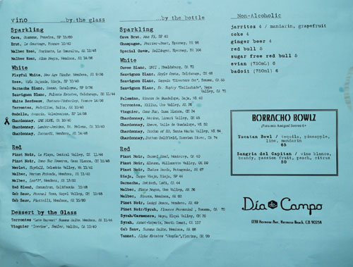 Dia de Campo Wine List