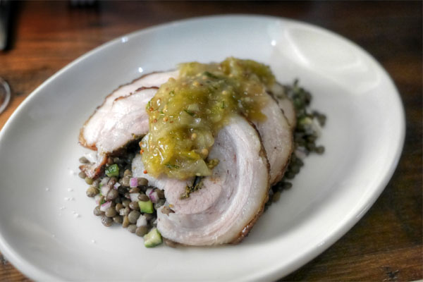 Heritage churrasco porchetta, Beluga lentil salad, green tomato mostarda