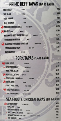 Quarters Korean BBQ Meat Menu