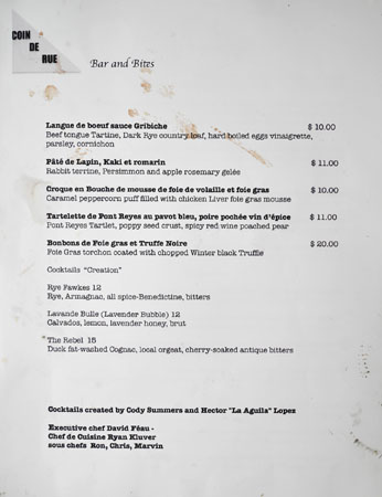 Coin de Rue Pop-Up Bar Menu