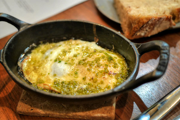 oeuf en cocotte, beurre noisette, baby lettuce, brown butter, lemon, chives