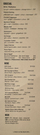 The North Left Cocktail/Wine/Beer List