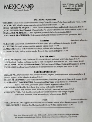 Mexicano Menu