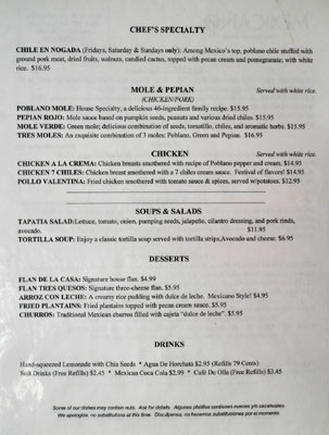 Mexicano Menu