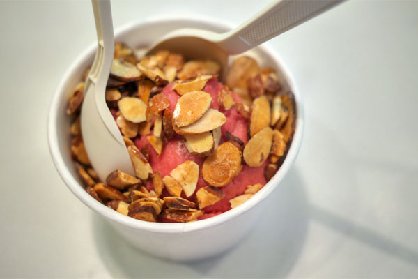 Coconut Lemongrass Cherimoya Sorbet and Blood Orange Sorbet with Crispy Almonds