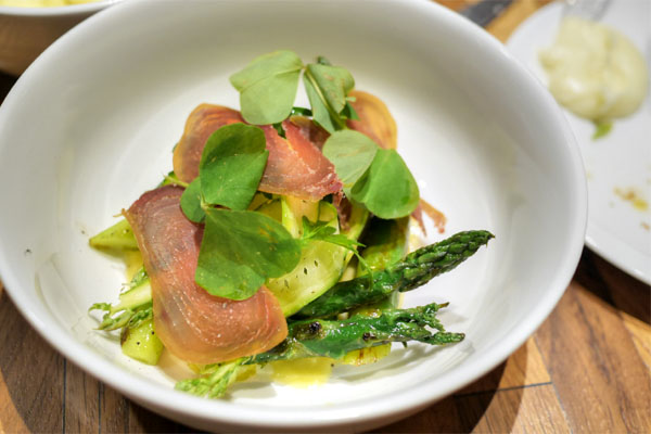 jumbo asparagus, colatura aioli, tuna prosciutto, kelly's egg, wood sorrel