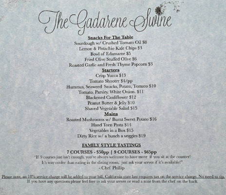 The Gadarene Swine Menu