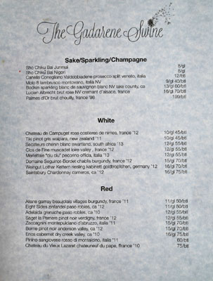 The Gadarene Swine Wine List