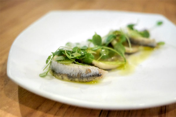 white anchovies, watercress and celery, manchego