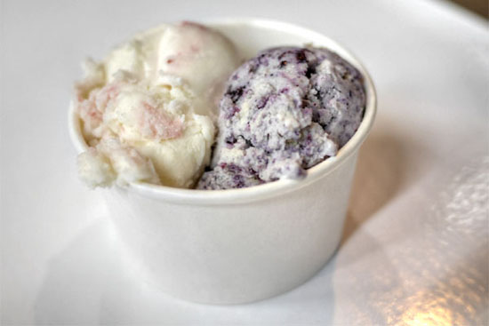 Buttermilk Sherbet with Strawberry Ripple & Blueberry Muffin Ice Cream