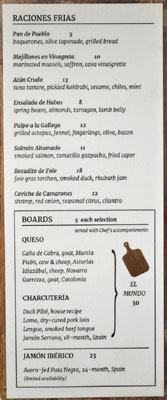 Pueblo Menu: Raciones Frias