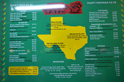 Arturo's Puffy Taco Menu